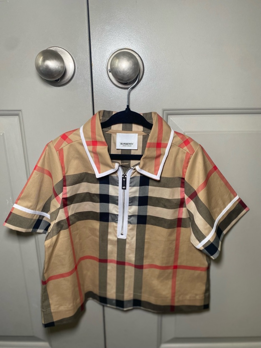 Burberry Beige Plaid Short-Sleeve Zip Polo with White Trim